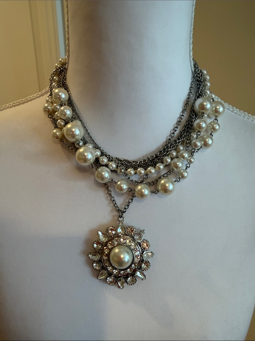 Pearl & Crystal Multi-Strand Statement Necklace - Ivory Pearls